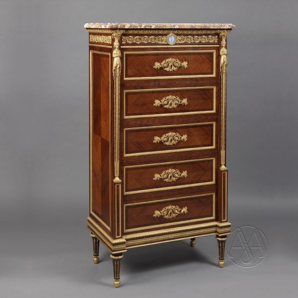 A Fine Louis XVI Style Gilt-Bronze Mounted Five Drawer, Marble Top Chiffonier