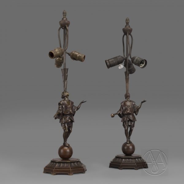 An Unusual Pair of Art Deco Patinated Bronze ‘Juggler’ Figural Table Lamps
