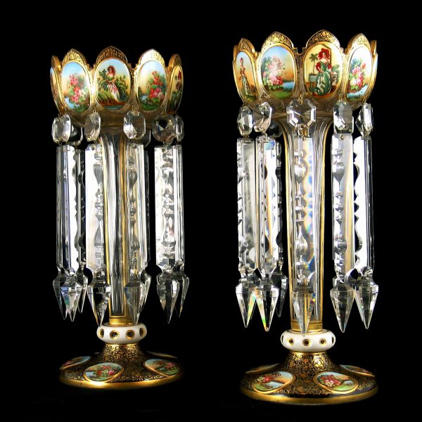 A Very Fine Pair of White Overlay Glass Lustres With Finely Painted Reserves