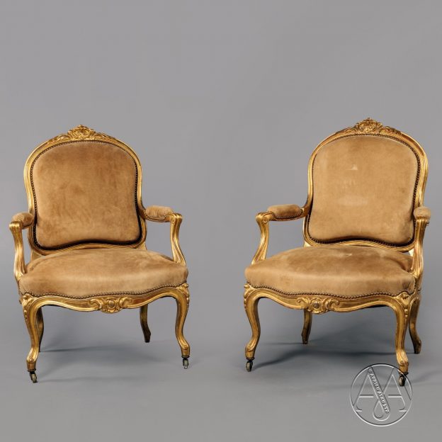 A Pair of of Louis XV Style Carved Giltwood Fauteuils