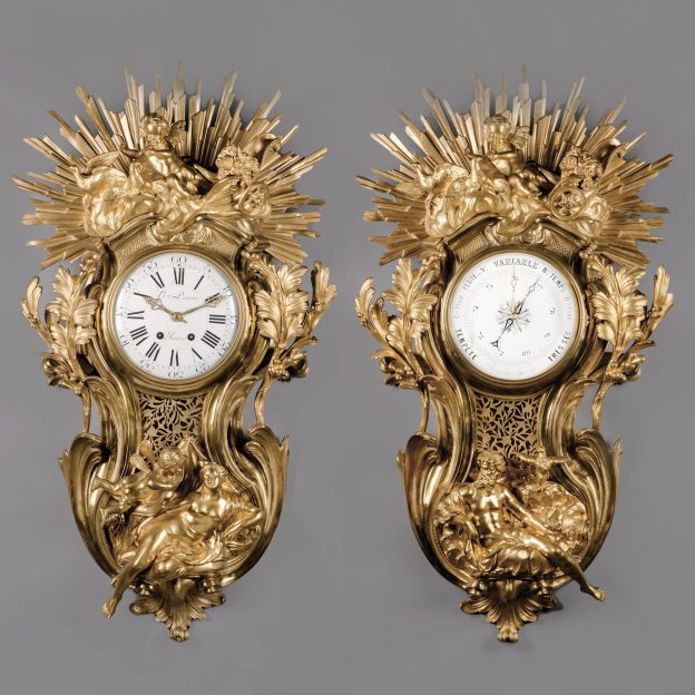 A Fine Louis XV Style Gilt-Bronze Cartel Clock and Barometer Set