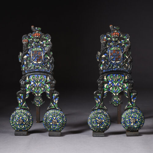 charles-ii-style-enamel-armorial-firedogs-anthony-hatch-stephen-pilcherd