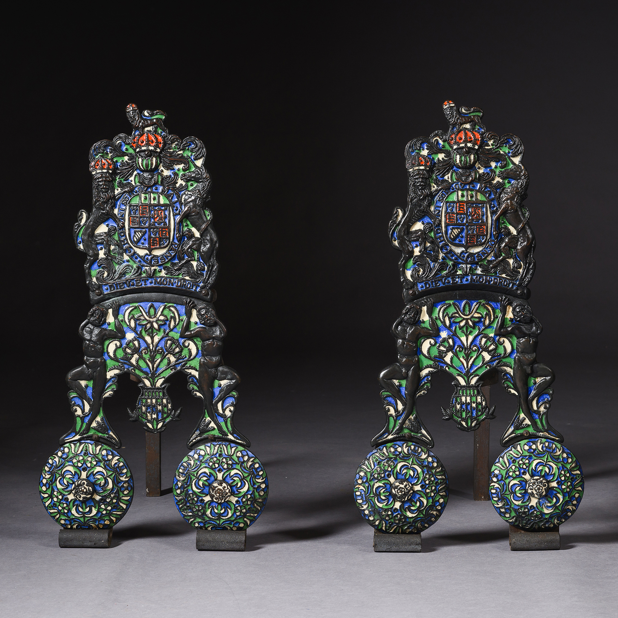charles-ii-style-enamel-armorial-firedogs-anthony-hatch-stephen-pilcherd