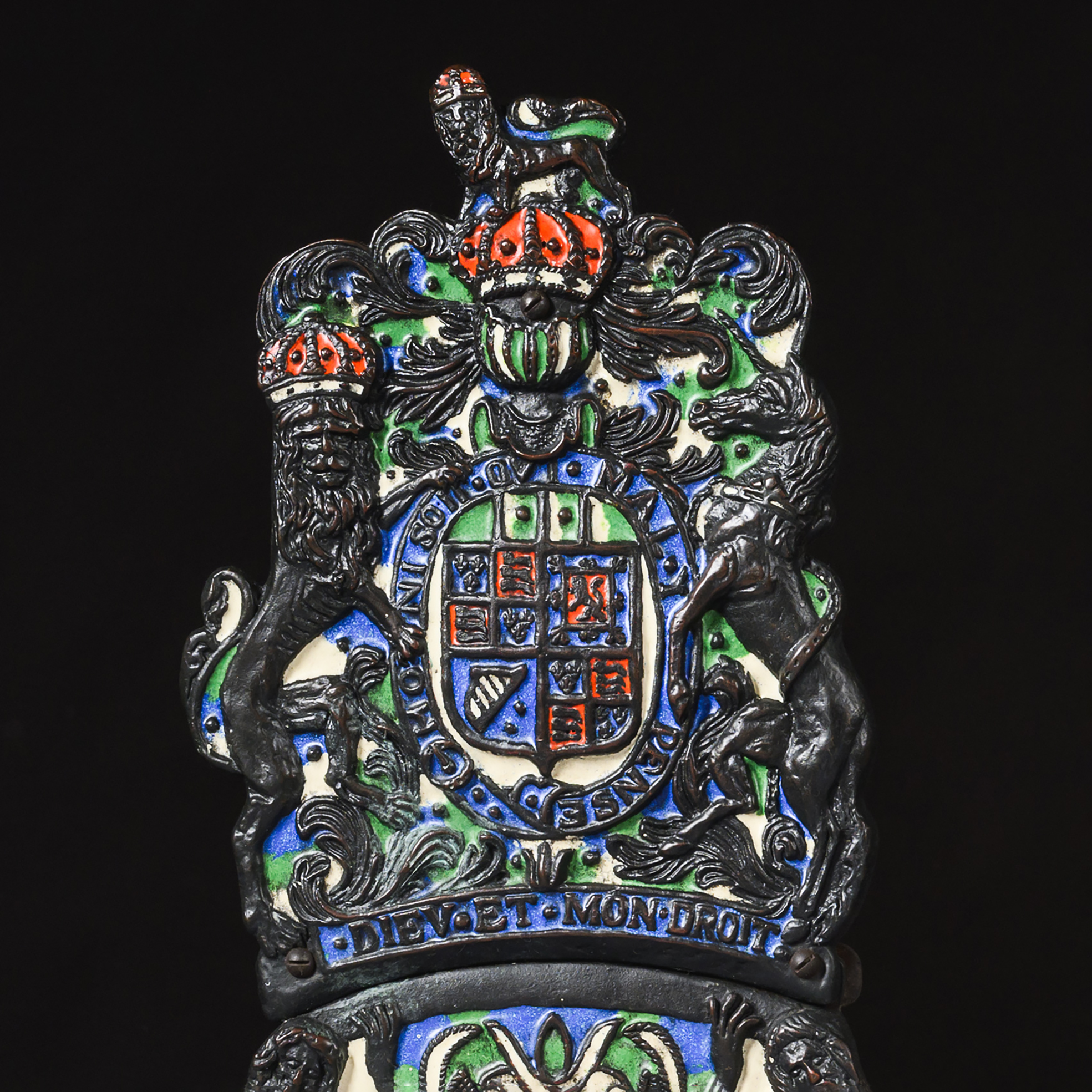 Pair of Charles II style enamel brass and cast-iron armorial firedogs