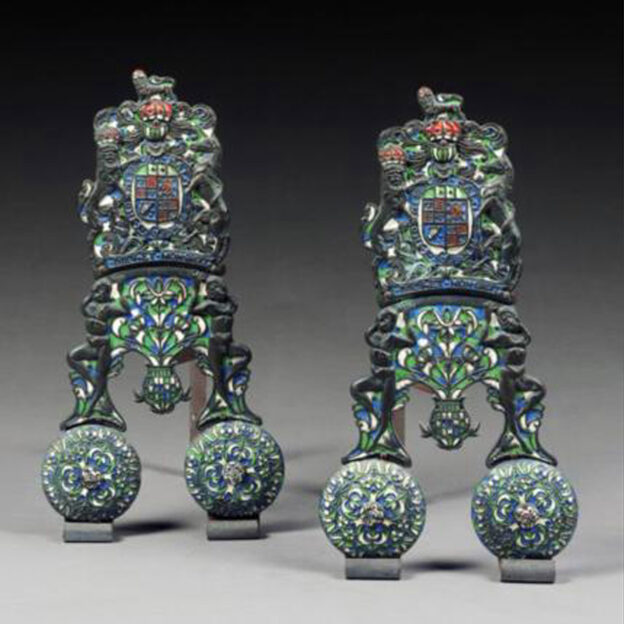 A Pair of Charles II Style, Enamel Brass and Cast-Iron Armorial Firedogs. English, Circa 1890.