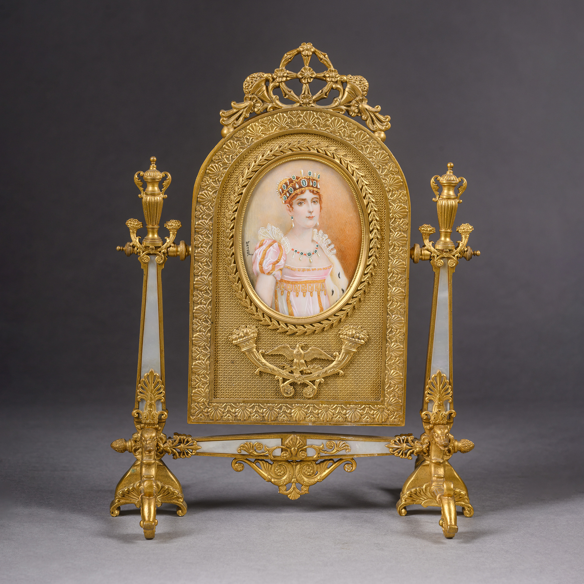 Empire style gilt-bronze and mother of pearl table mirror signed Derval with portrait miniature of Empress Joséphine after François Gérard, France circa 1900.