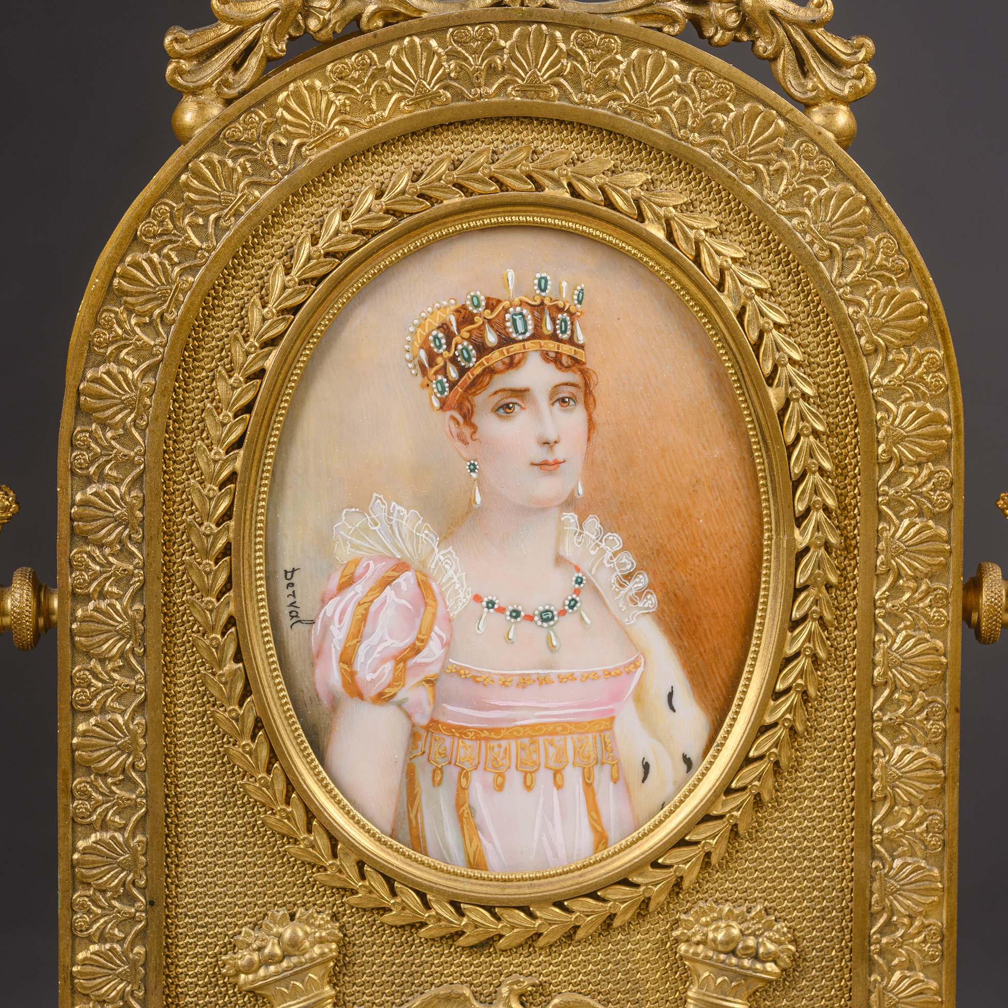 Empire Style Gilt-Bronze and Mother of Pearl Table Mirror with Portrait of Empress Joséphine, Signed Derval, Circa 1900