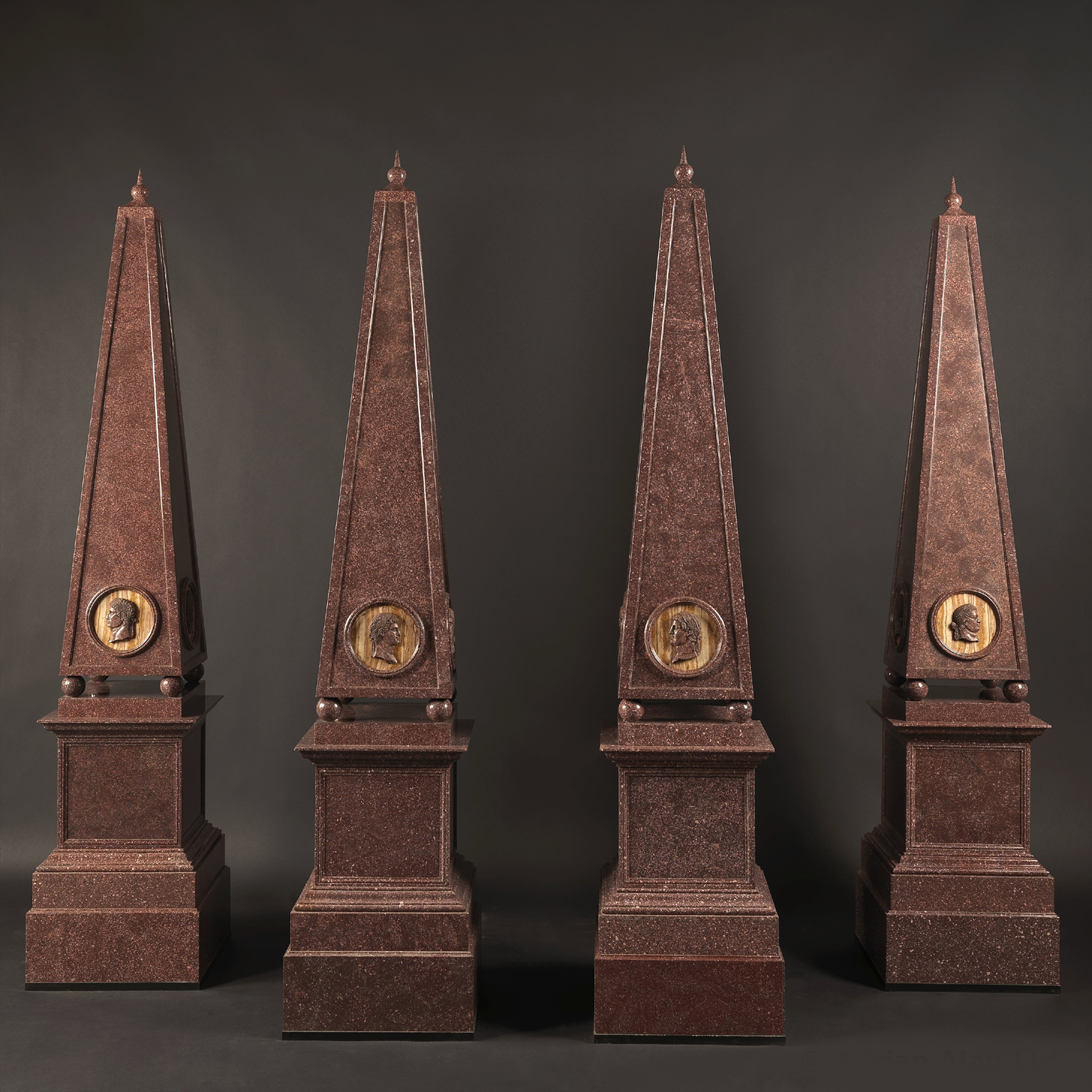 An Important Set of Four Large Porphyry Obelisks
