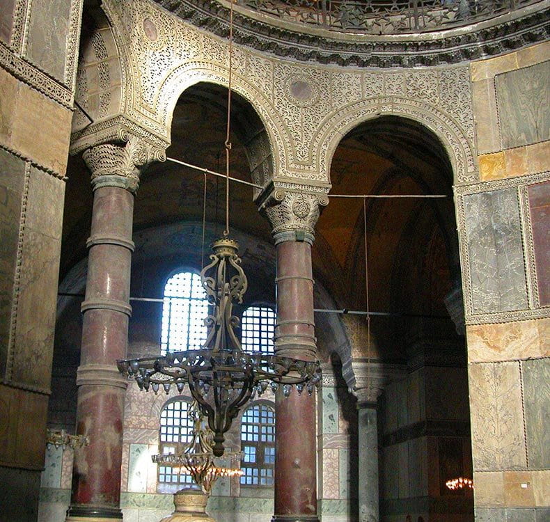 Porphyry columns from the north eastern exhedra of the nave of Hagia Sophia, Istanbul.