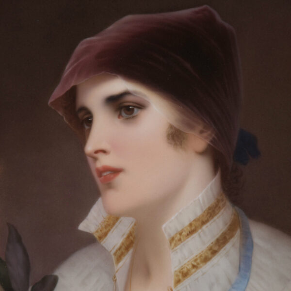 A VERY FINE PORCELAIN PLAQUE OF A YOUNG WOMAN IN A GILTWOOD FRAME