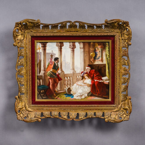 Fine KPM Berlin porcelain plaque depicting Othello Relating His Adventures to Desdemona after Carl Ludwig Friedrich Becker, signed R. Wagner, circa 1900.
