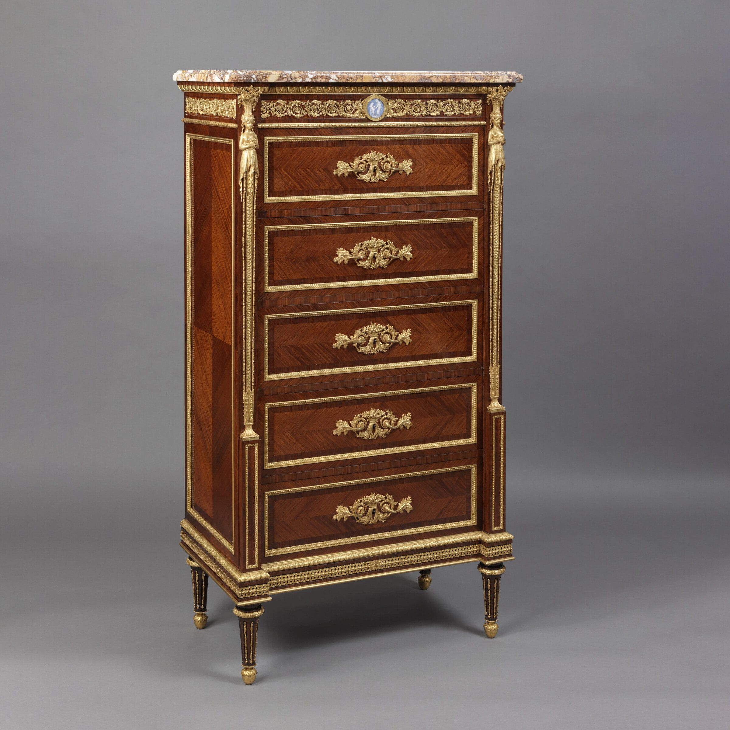 A Gilt-Bronze Mounted Five Drawer, Marble Top Chiffonier by Emmanuel Zwiener. France, Circa 1880.