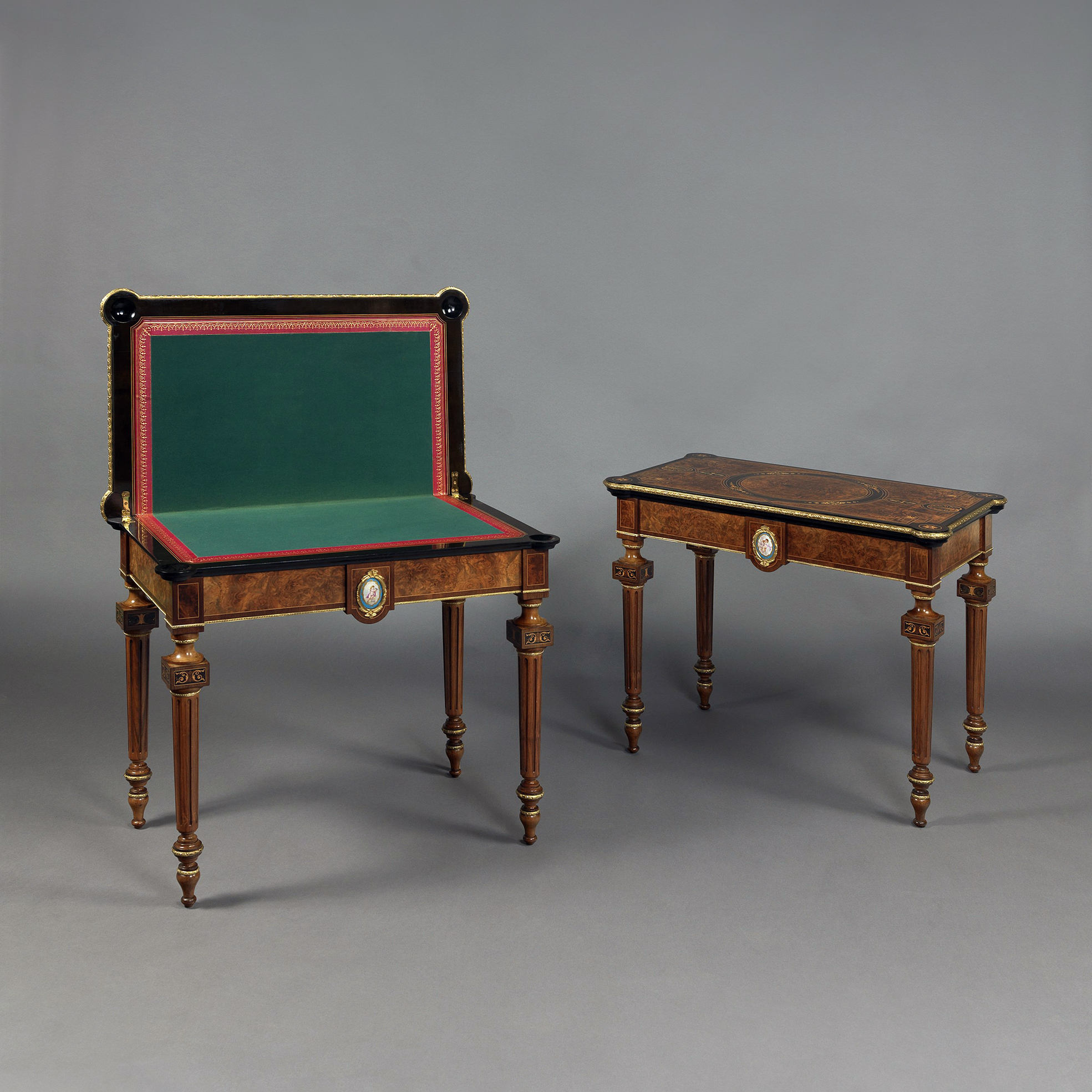 A Fine Pair of Mounted Marquetry Inlaid Card Tables With Porcelain Plaques - Image 2