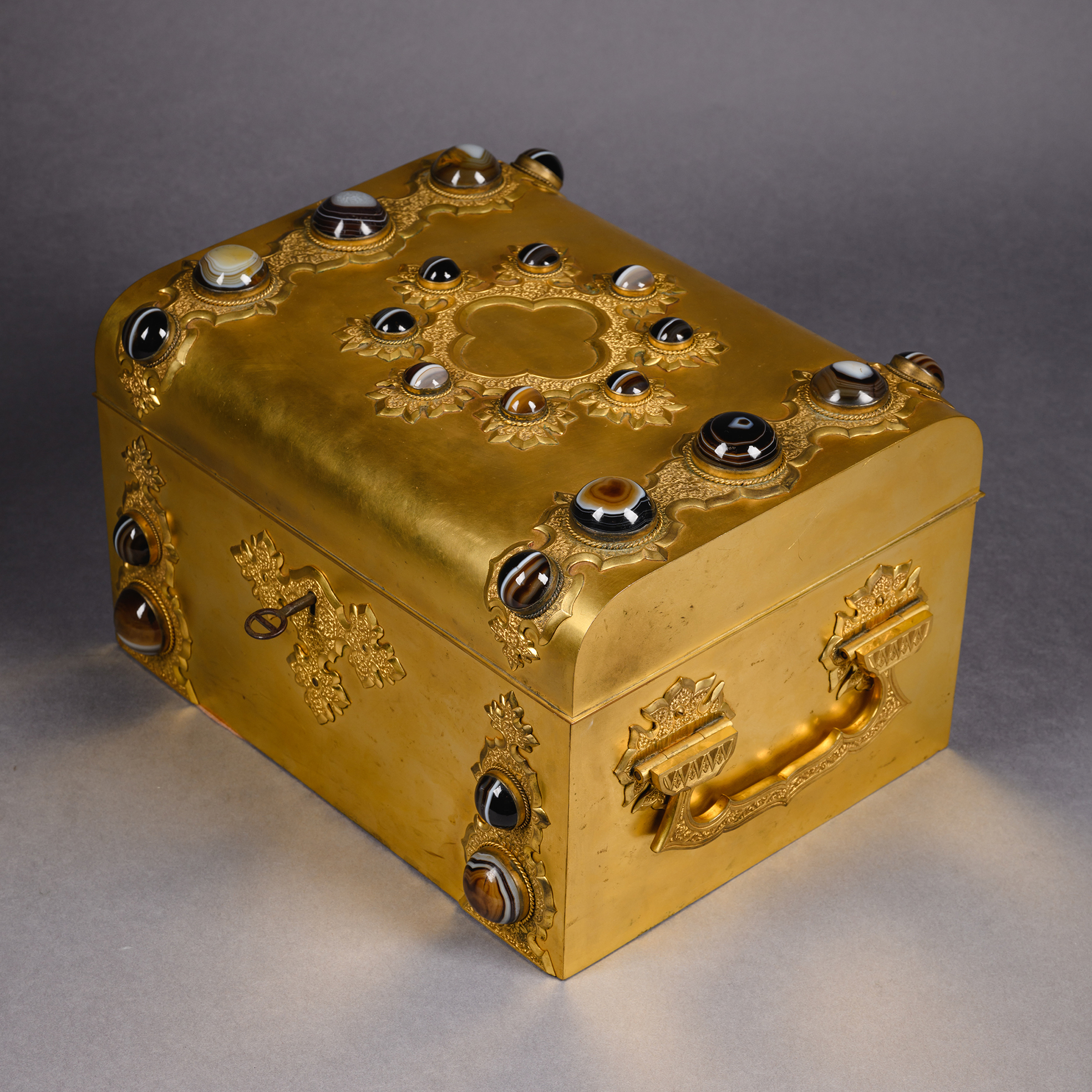 Renaissance Revival Gilt-Brass and Agate Mounted Dressing Table Box with Fitted Interior, French Circa 1870