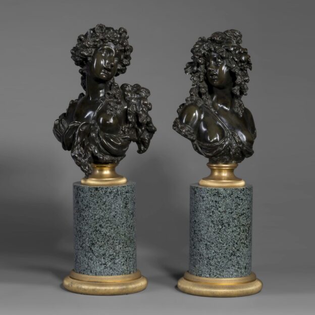 A Fine Pair of Patinated Bronze Allegorical Busts of Autumn and Summer By Pierre-Louis Détrier.