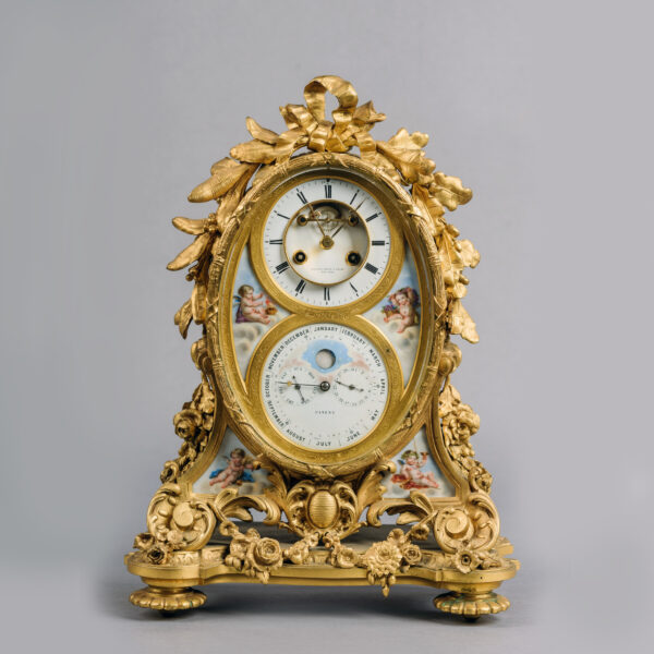 A Fine Louis XVI Style Gilt-Bronze and Porcelain Mounted Perpetual Calendar Clock, Retailed by Tiffany, Young & Ellis, New York. French, Circa 1850.