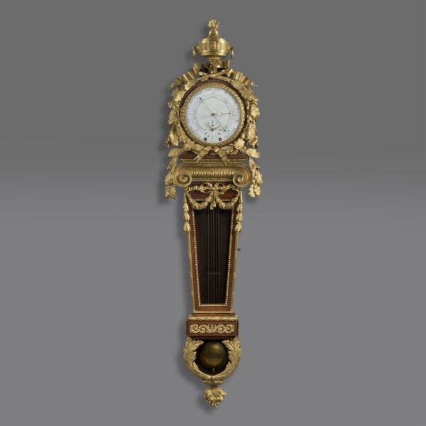 A Fine Louis XVI Style Gilt-Bronze Mounted Mahogany Cartel Clock and Barometer, After The Model By Martin Carlin