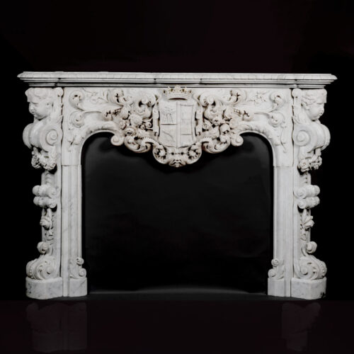 A Magnificent and Highly Important Louis XV Style White Carrara Marble Figural Fireplace. Spanish, Circa 1870.