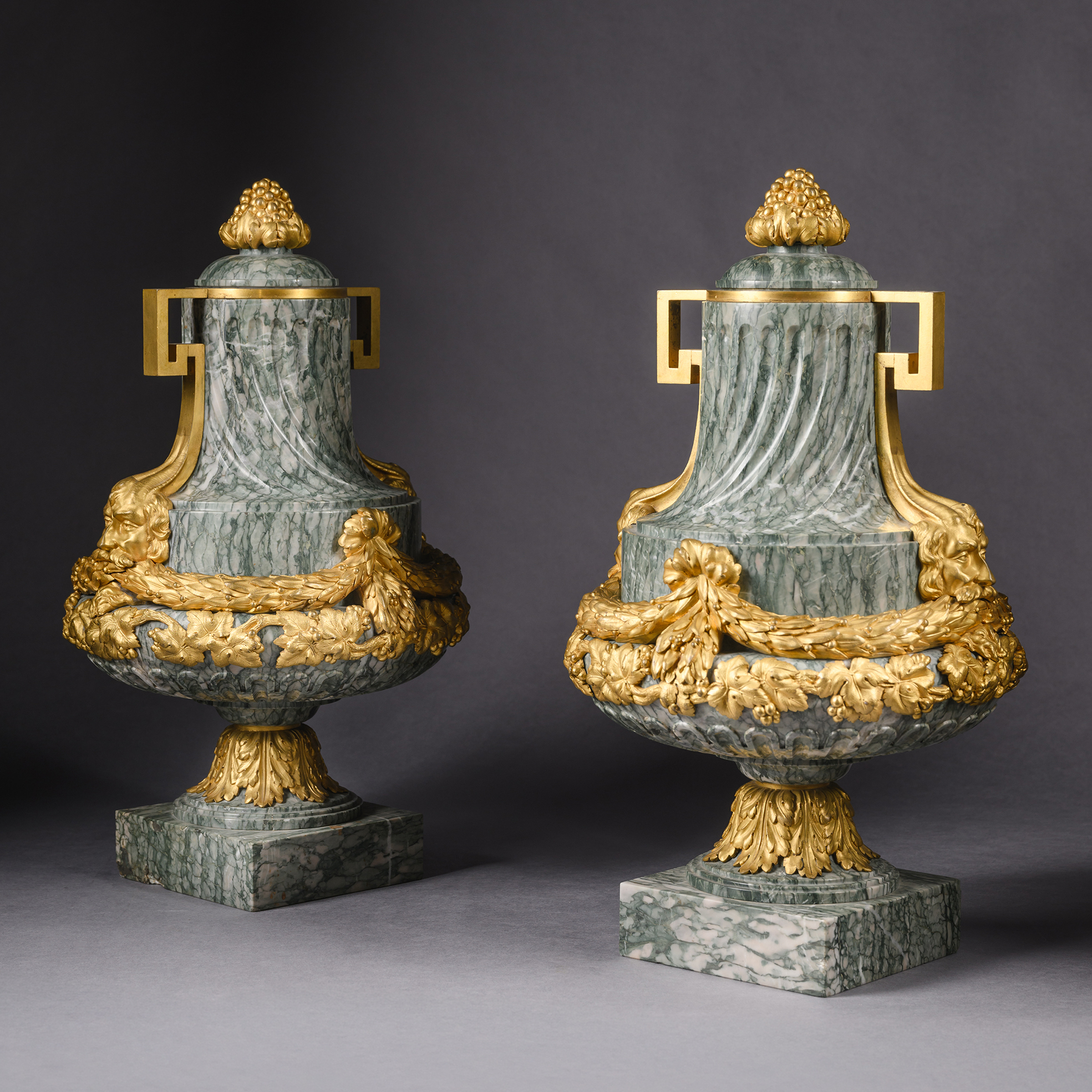 Pair of Louis XVI Gilt-Bronze Mounted Green Marble Vases, Goût Grec Style, France Circa 1870
