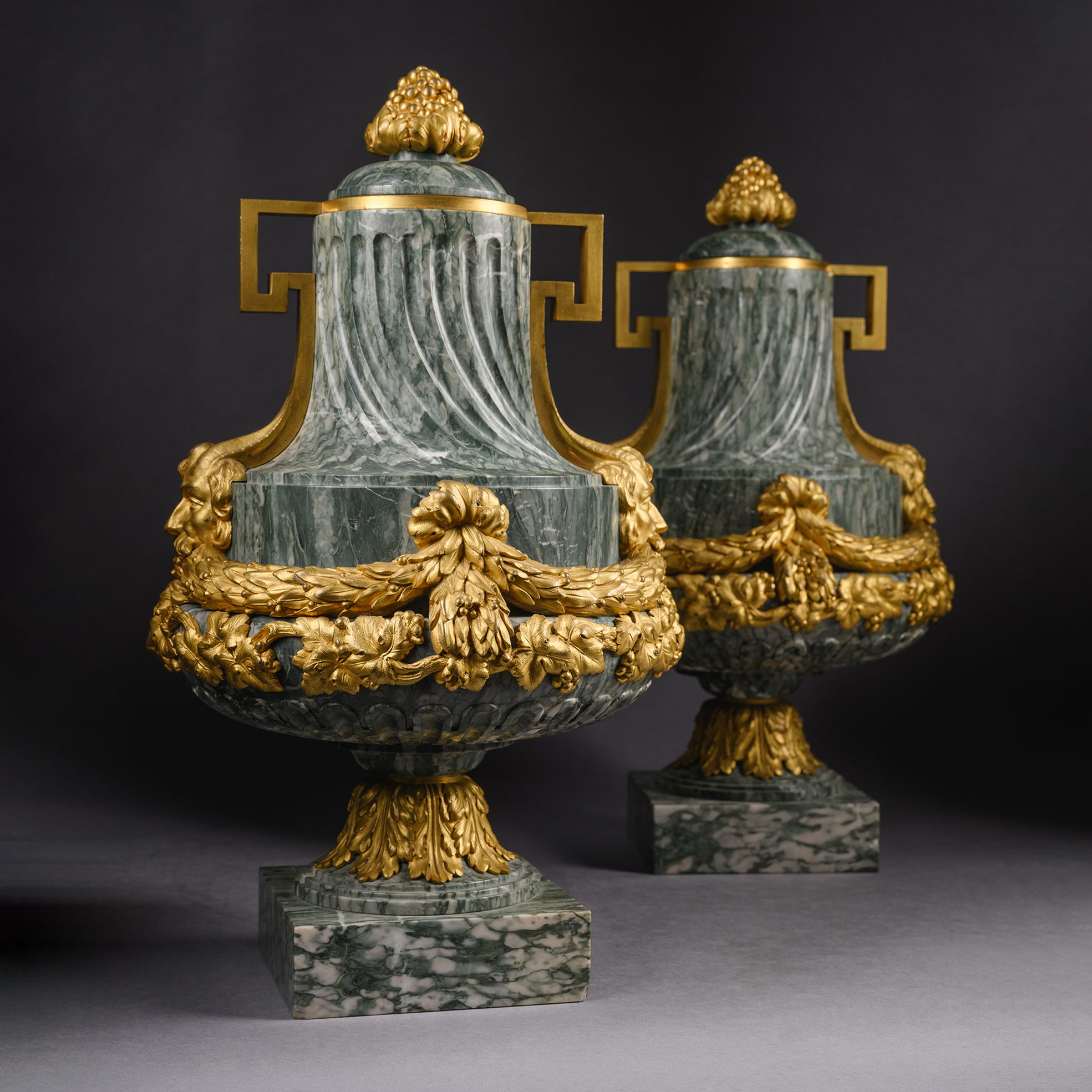 Pair of Louis XVI Gilt-Bronze Mounted Green Marble Vases, Goût Grec Style, France Circa 1870