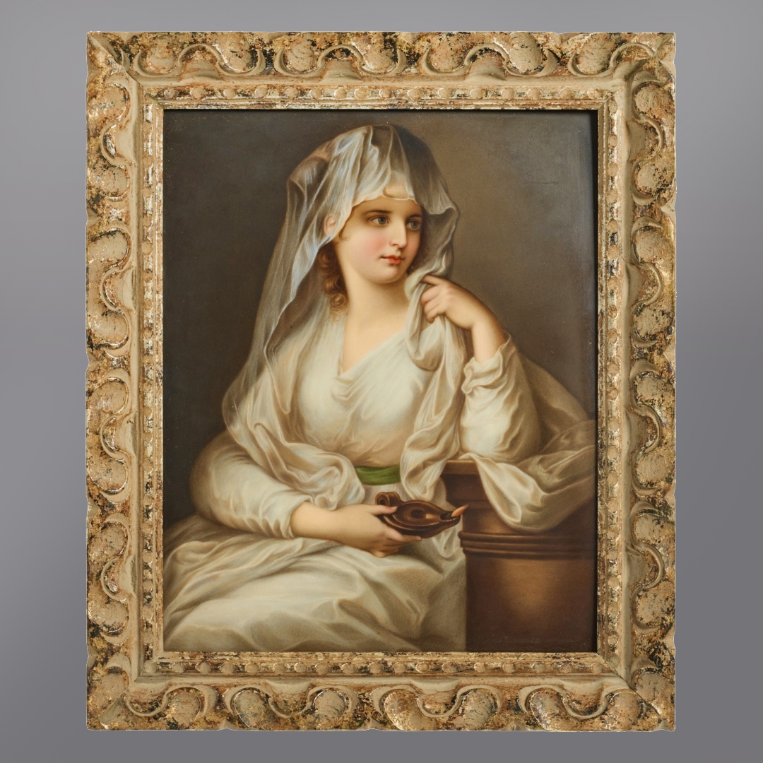 KPM Berlin porcelain plaque depicting a Vestal Virgin after Angelica Kauffman, showing a young woman in white holding an oil lamp, set in a giltwood frame, circa 1890.