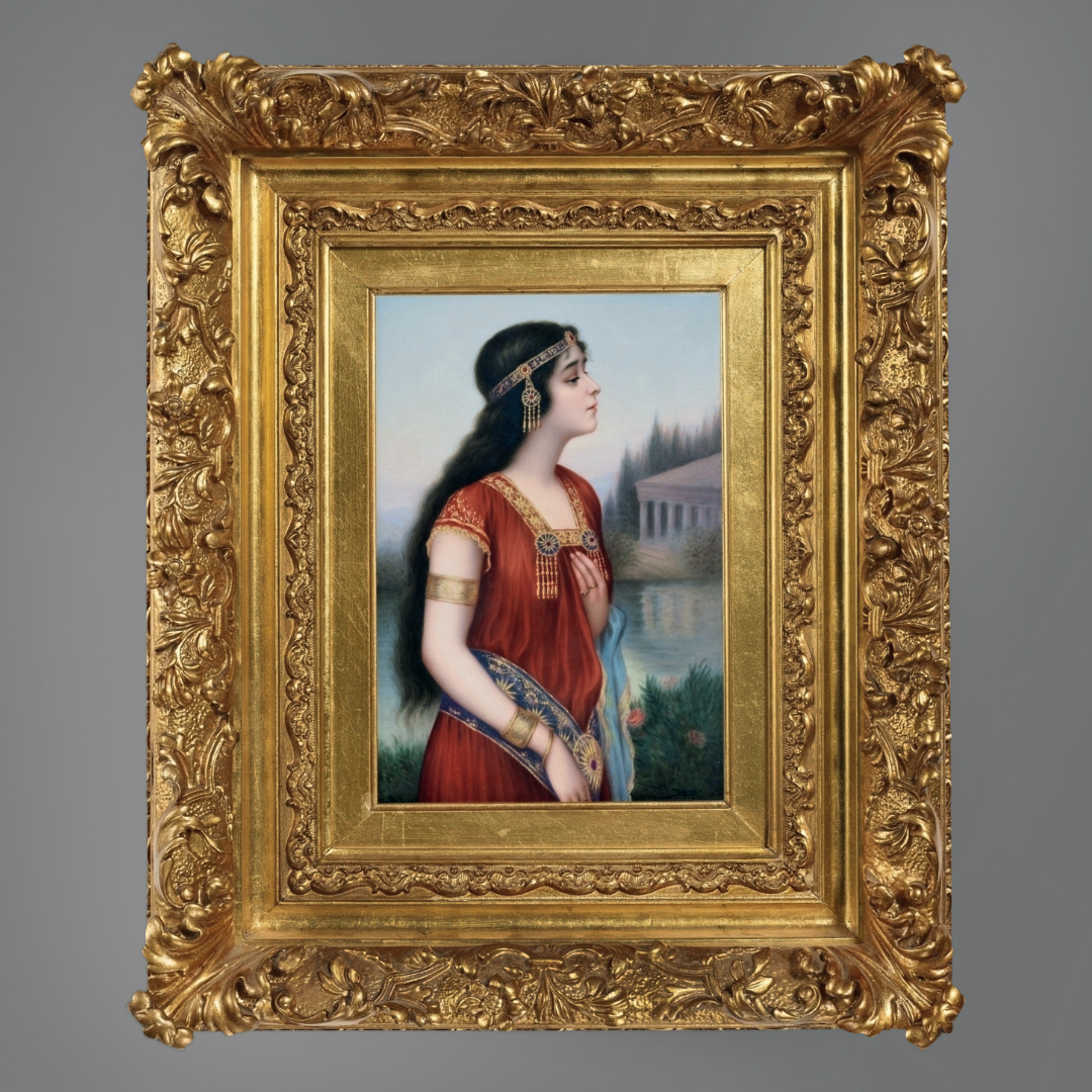 KPM Berlin porcelain plaque titled Esther after Hering Levanon, signed Wagner, depicting a finely painted female portrait in carved giltwood frame, circa 1890.