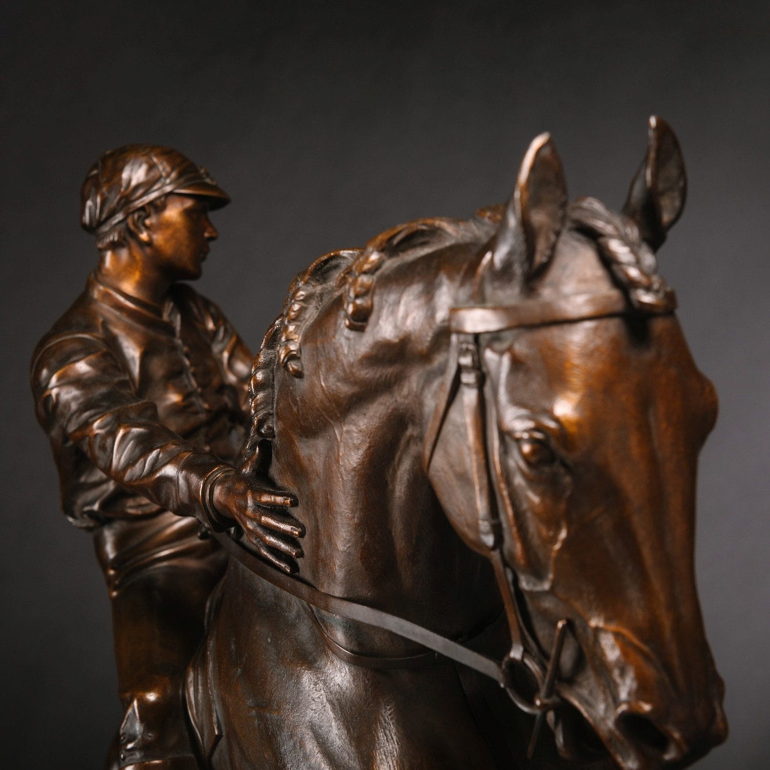 Bronze sculpture Le Grand Jockey by Isidore Jules Bonheur, French animalier artist, showing a jockey patting his horse, cast by Peyrol Éditeur, circa 1890.