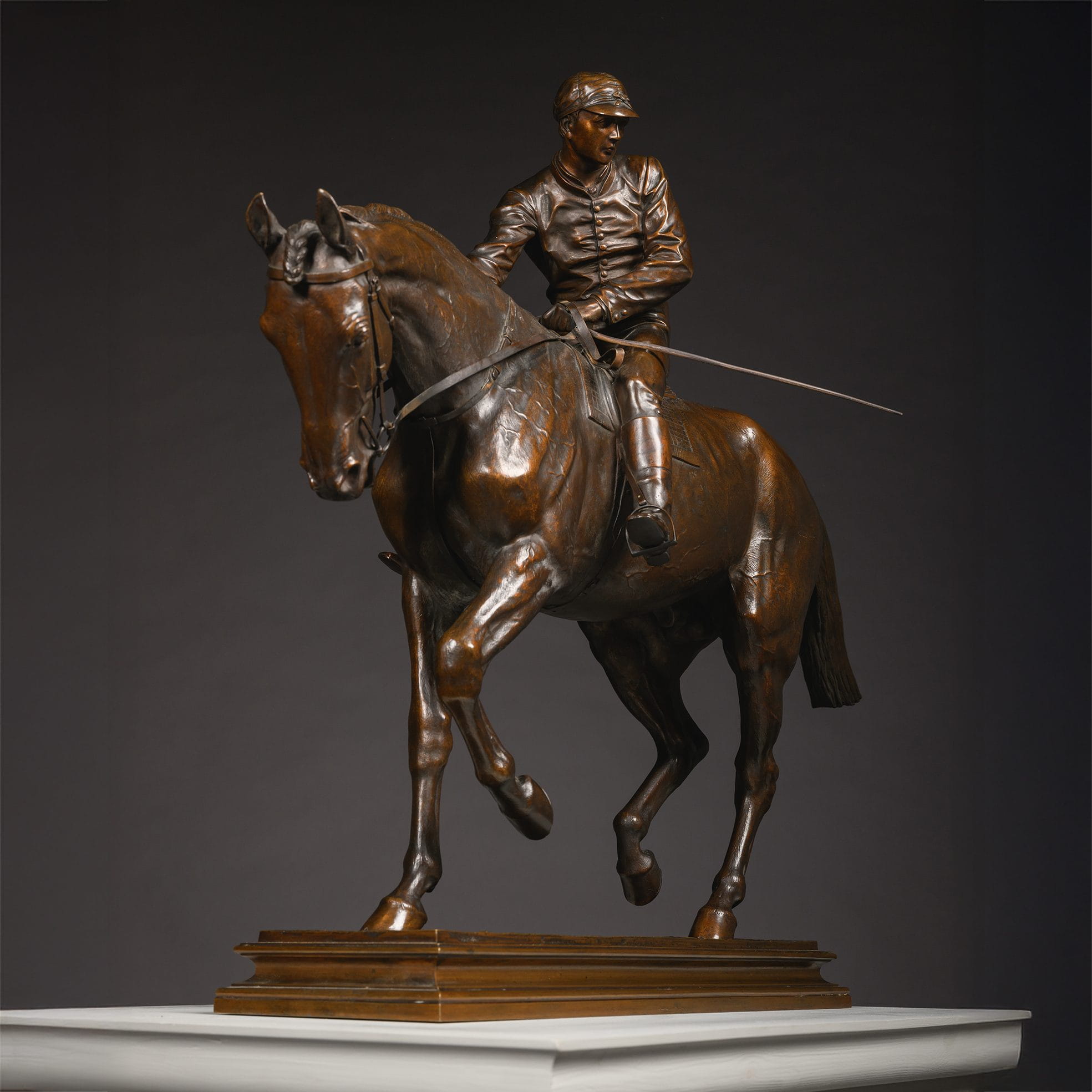 Bronze sculpture Le Grand Jockey by Isidore Jules Bonheur, French animalier artist, showing a jockey patting his horse, cast by Peyrol Éditeur, circa 1890.