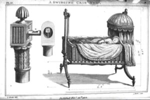 Design for a swinging crib bed, circa 1791. Thomas Sheraton, The Cabinet-Maker and Upholsterer's Drawing Book'.