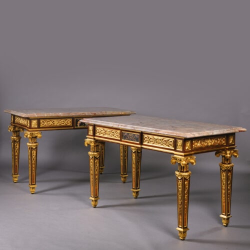A Pair of Exceptional Gilt-Bronze, Pietre Dure Hardstone and Micromosaic Mounted Mahogany and Bois Satiné Centre Tables, Attributed to Maison Beurdeley, Paris.