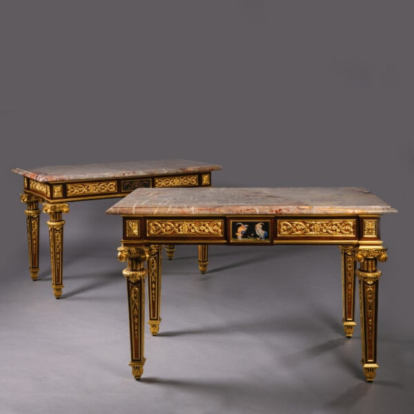A Pair of Exceptional Gilt-Bronze, Pietre Dure Hardstone and Micromosaic Mounted Mahogany and Bois Satiné Centre Tables, attributed to Beurdeley. France, Circa 1860-80