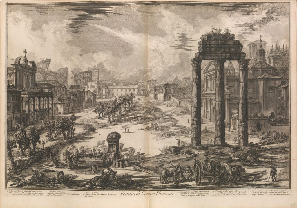 View of the Roman Forum with the Temple of Castor and Pollux to right by Giovanni Battista Piranesi circa 1750–78.