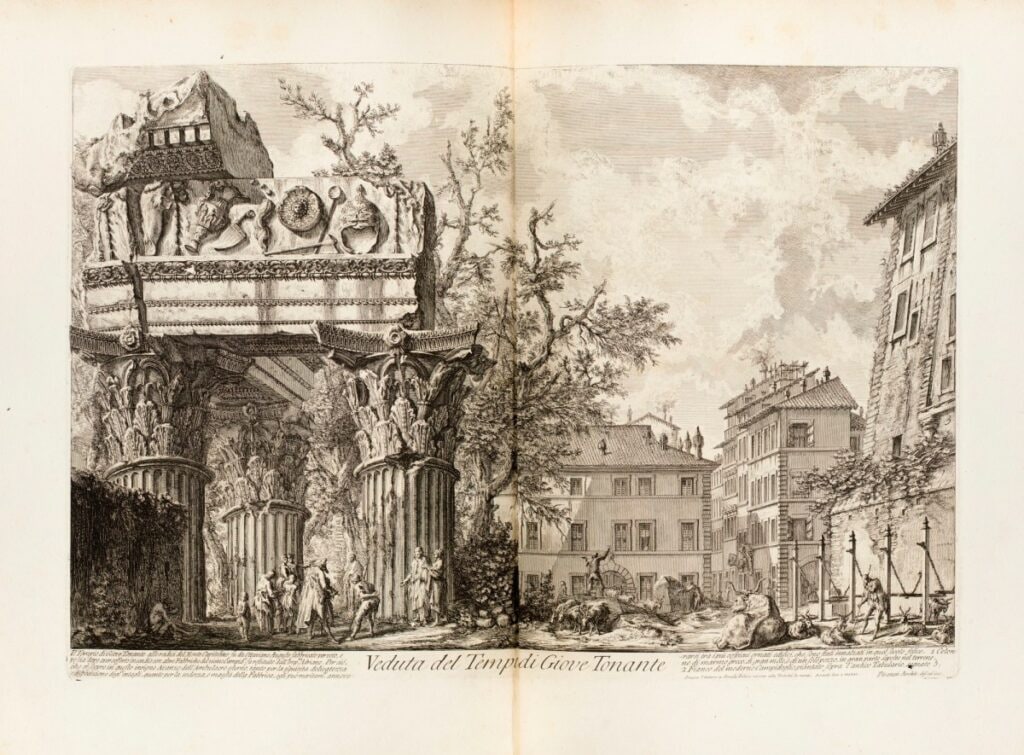 An engraving by Giovanni Battista Piranesi showing 'The Temple of Vespasian' in 1757 before the excavation of the Roman Forum.