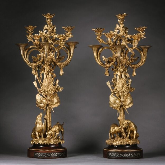A Pair of Victorian Gilt-Bronze Ten-Light Candelabra Emblematic of Hunting