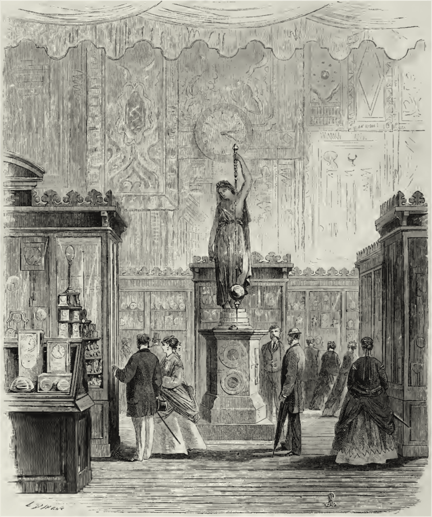 The full-size clock with figure by Carrier-Belleuse and conical pendulum by Farcot exhibited by the Société des Marbres Onyx d'Algérie at the 1867 Paris Exposition.