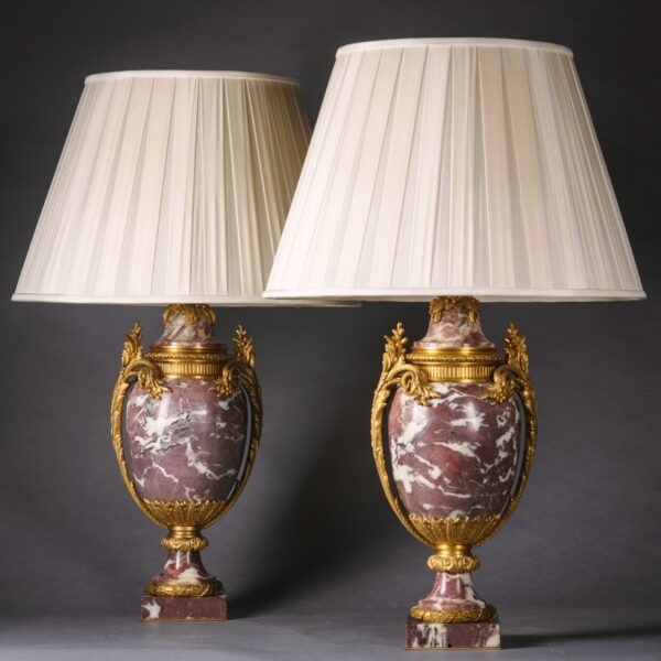 A Pair of Louis XVI Style Gilt-Bronze Mounted Fleur de Pêcher Marble Vases, Now Mounted As Lamps France, Circa 1880.