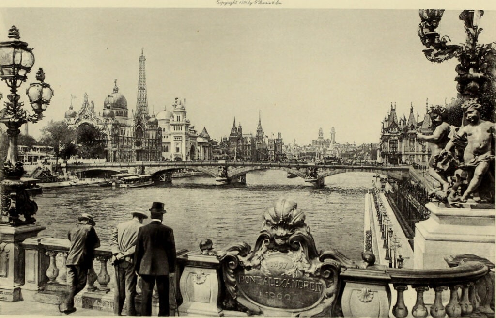 The left bank of the Seine viewed from the Pont Alexandre III, completely redeveloped with the pavilions of many nations built in an extraordinary array of architectural styles for the 1900 exhibition