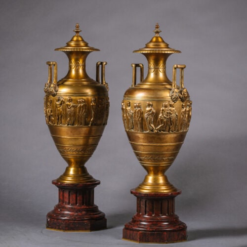 A Pair of Gilt-Bronze And Rouge Griotte Marble Vases and Covers. By Ferdinand Barbedienne, Paris.