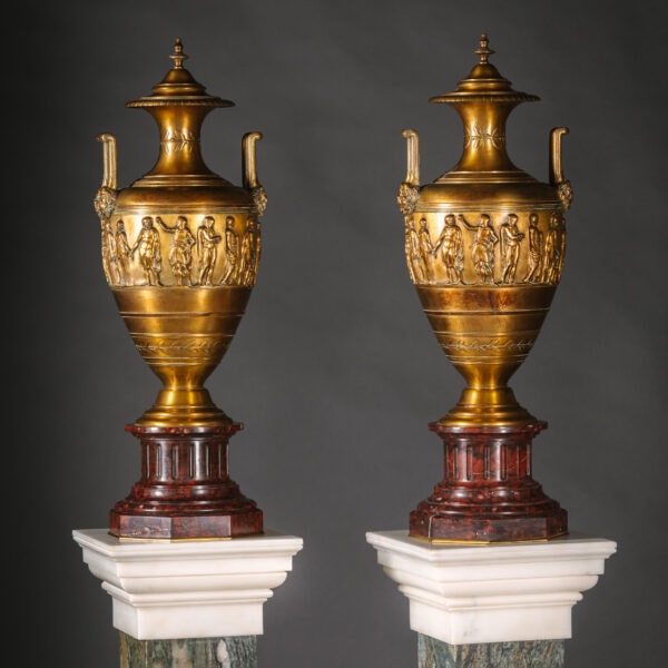 A Pair of Gilt-Bronze And Rouge Griotte Marble Vases and Covers. By Ferdinand Barbedienne, Paris