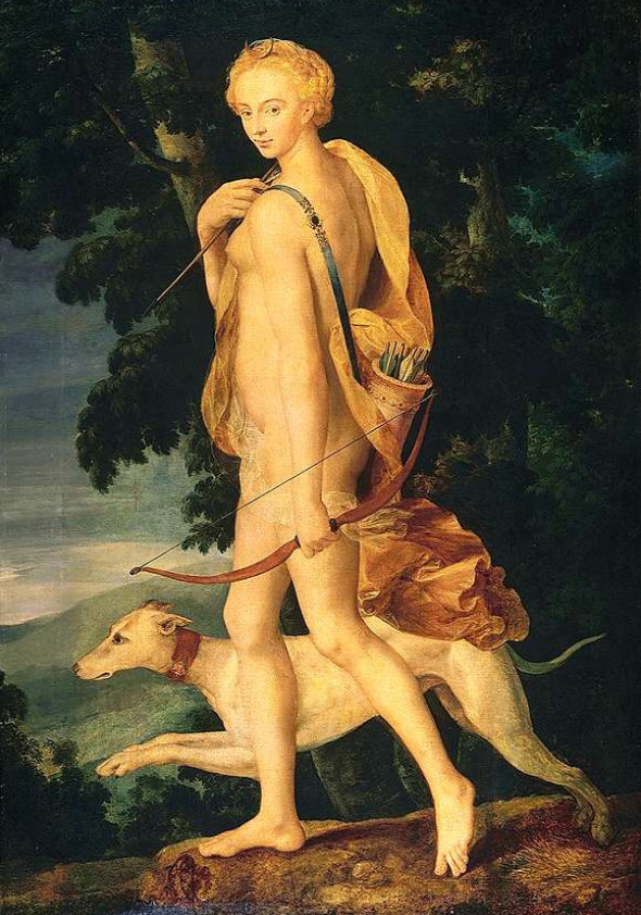 Diane chasseresse (Diana the Huntress), School of Fontainebleau, circa 1540–1560. Oil on canvas. Musée du Louvre,