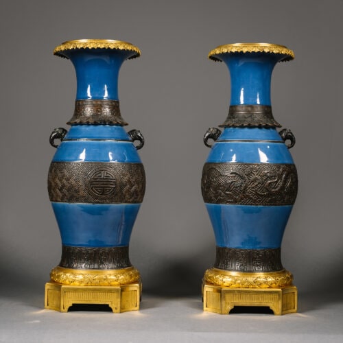A Pair of Gilt-Bronze Mounted Chinese Blue-Ground Porcelain Vases. France. Circa 1870.
