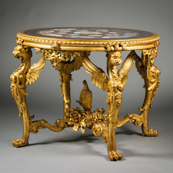 A Rare and Important Micromosaic Inlaid Marble and Giltwood Centre Table. Attributed to Michelangelo Barberi, Rome. Italy, Circa 1850.
