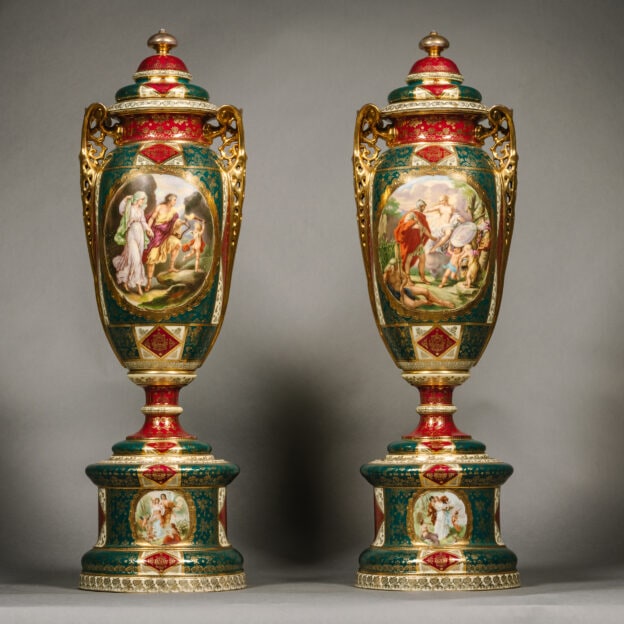 A Large Pair of Vienna Style Porcelain Vases and Covers