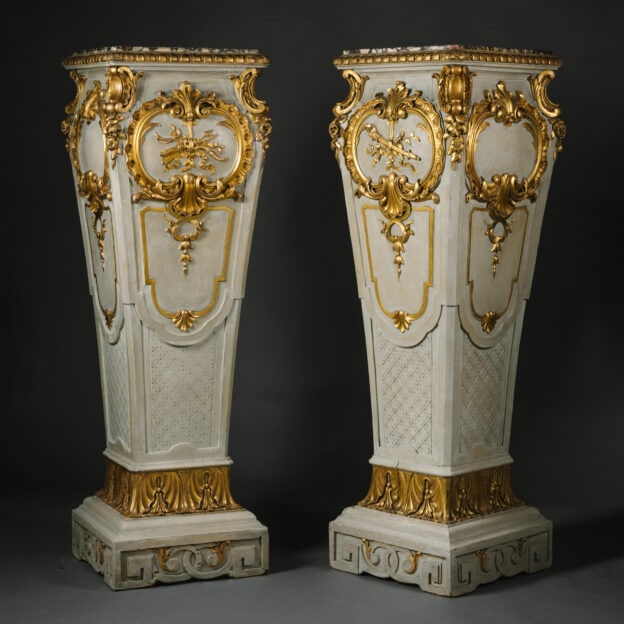 A Large Pair of Parcel-Gilt and Grey Painted Pedestals