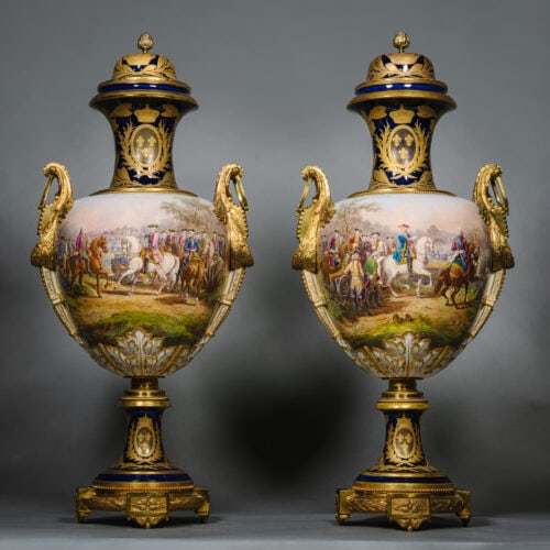 A Pair of Large Gilt-Bronze Mounted Sèvres-Style Cobalt Blue Ground Porcelain Vases and Covers