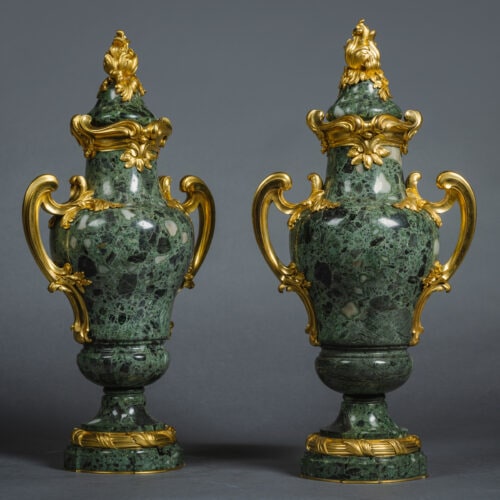 A Pair of Louis XVI Style Gilt-Bronze Mounted Verde Antico Marble Vases and Covers, by Susse Frères, After a design by F. Rambaud, Paris. France, Circa 1900.