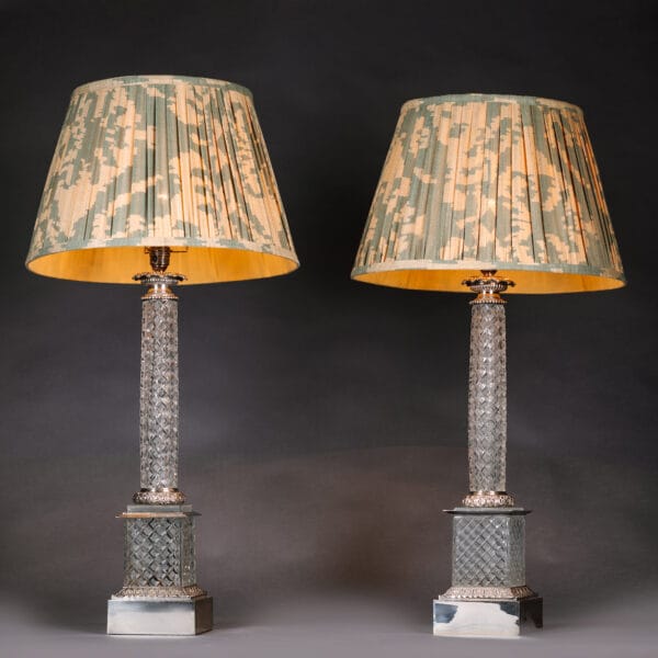 Pair of Empire Style Cut-Glass and Silvered-Brass Lamps