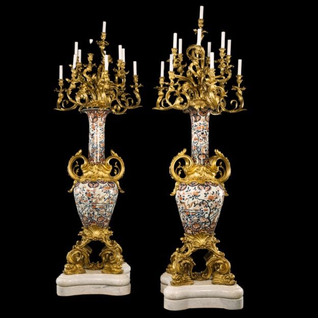 A Pair of Monumental Napoleon III Gilt-Bronze Mounted Japanese Imari Porcelain Thirteen-Light Floor Standing Torchère Candelabra. By Graux-Marly Frères, Paris.