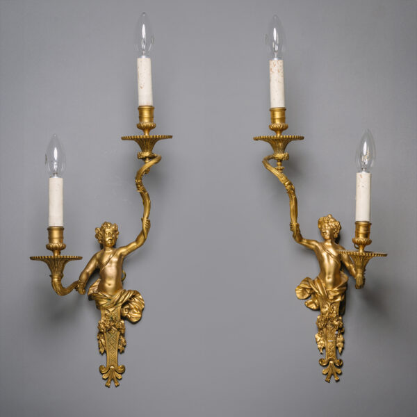 A Pair of Louis XIV Style Gilt-Bronze Twin-Light Wall-Appliques