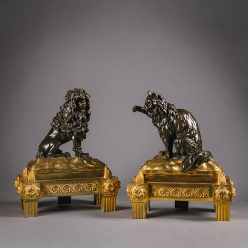A Pair Of Late Louis XV Period Gilt And Patinated Bronze Figural Chenets, Attributed to Jacques and Philippe Caffieri